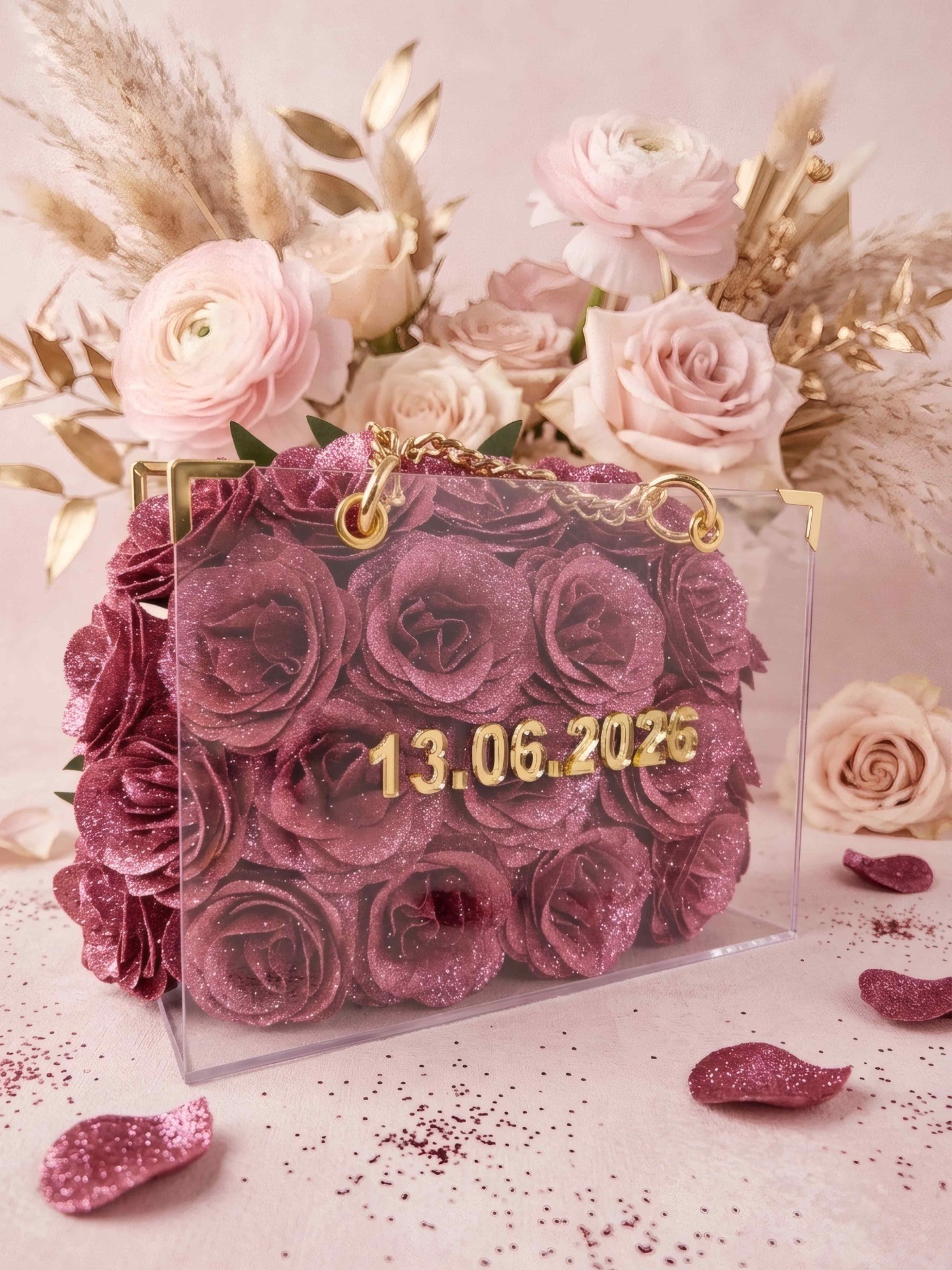 Geantă transparentă cu trandafiri glitter bordo și o dată aniversară din litere aurii